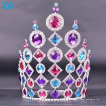 Decote de Beleza Coroa com Cristal Colorido, Coroa de Rainha para Venda, Tiaras de Casamento da Índia, Coroas Grandes